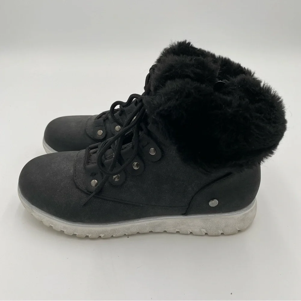 London‎ Fog Faux Fur Trim Full Lace Up Winter Boots Ankle Booties Black Size 6